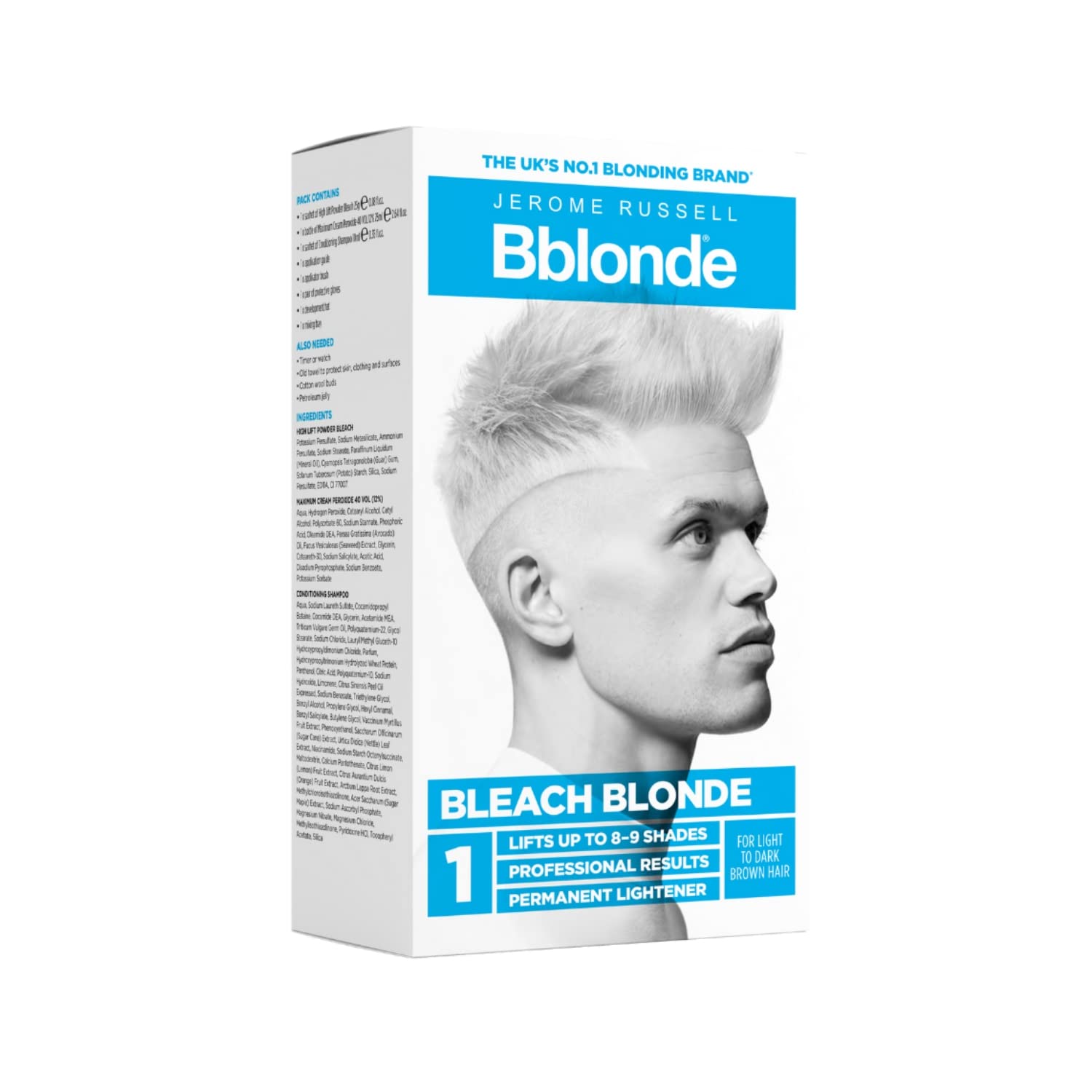 Jerome Russell Bblonde Bleach Blonde Kit No.1 - Bleach Blonde Hair Dye for Light to Dark Brown Hair Colour, Powder Bleach High Lift for 8-9 Shades Lighter Hair, Hair Dye Permanent for Men
