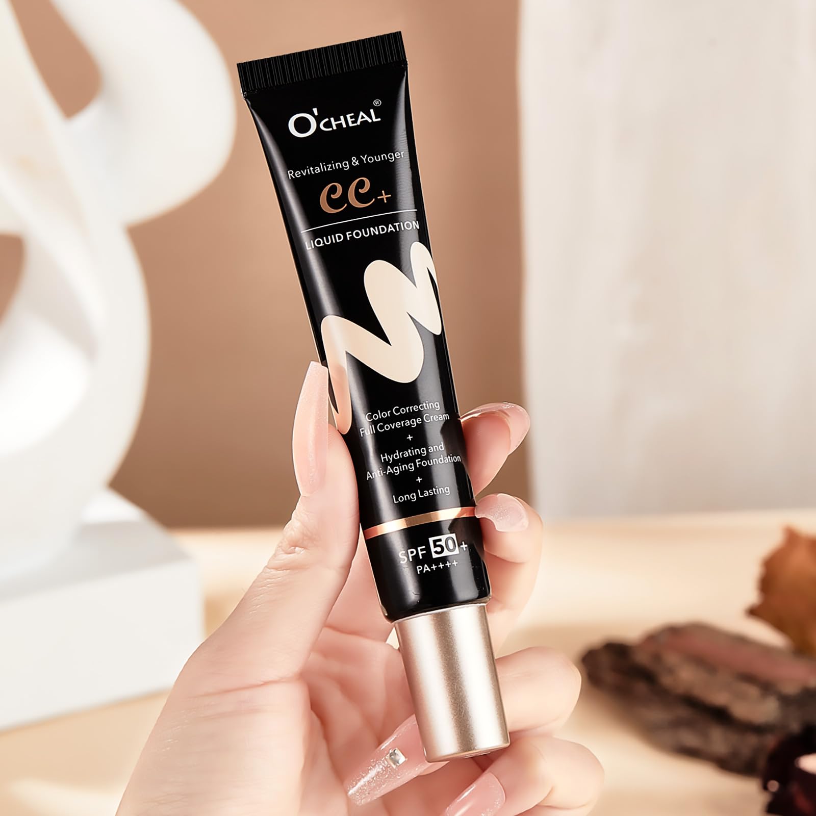 O'CHEAL CC Cream with SPF 50+, Hydrating Color Correcting Cream Full Coverage Lightweight Powder Foundation, Waterproof Long Lasting Pre-makeup Primer Facial Concealer Refine Skin Texture (Natural)
