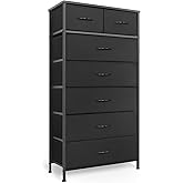 Mifuro Tall Dresser for Bedroom, Vertical Storage Organizer Tower with 7 Drawers, Chest of Drawers with Fabric Bins, Steel Frame, Wood Top for Bedroom, Closet, Entryway- Black