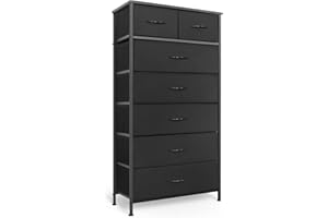 Mifuro Tall Dresser for Bedroom, Vertical Storage Organizer Tower with 7 Drawers, Chest of Drawers with Fabric Bins, Steel Frame, Wood Top for Bedroom, Closet, Entryway- Black