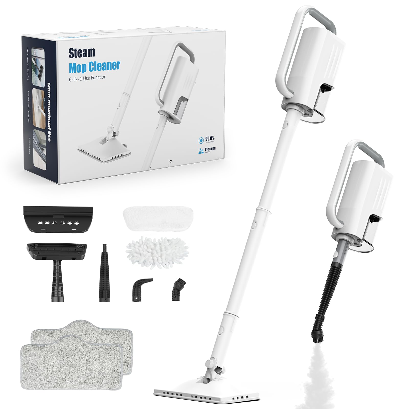 Photo 1 of Steam Cleaner, 6 in1 Rotated Steam Mop Cleaner with 2 Modes, 2 Microfiber Pads, 400ML Removable Tank, 23FT Power Cable, Detachable Steam Mops for Floor, Laminate Floor, Tiles Cleaning (White)