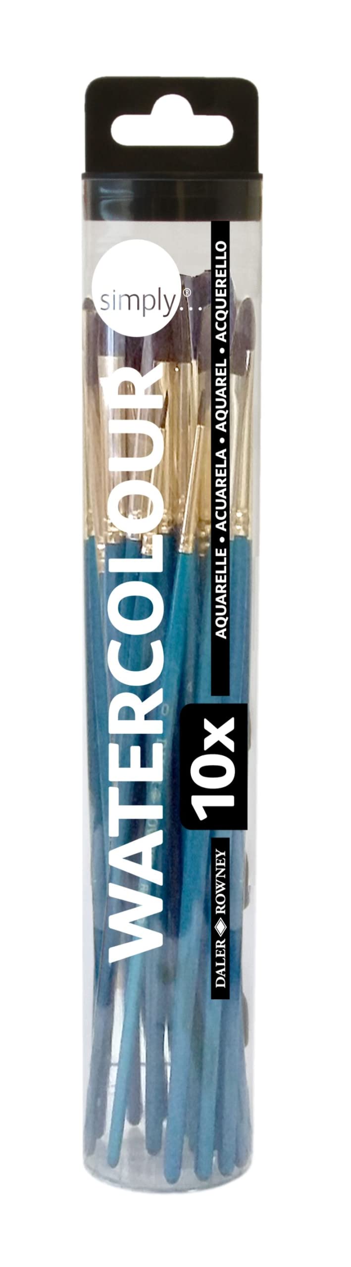 Daler-Rowney Simply Watercolour Brush, Synthetic Hair, Short Handle, Round, Filbert, Flat Shader, Script, Flat Wash, Oval Wash and Fan, Multiple sizes, Plastic Case Set, 12 Assorted Brushes