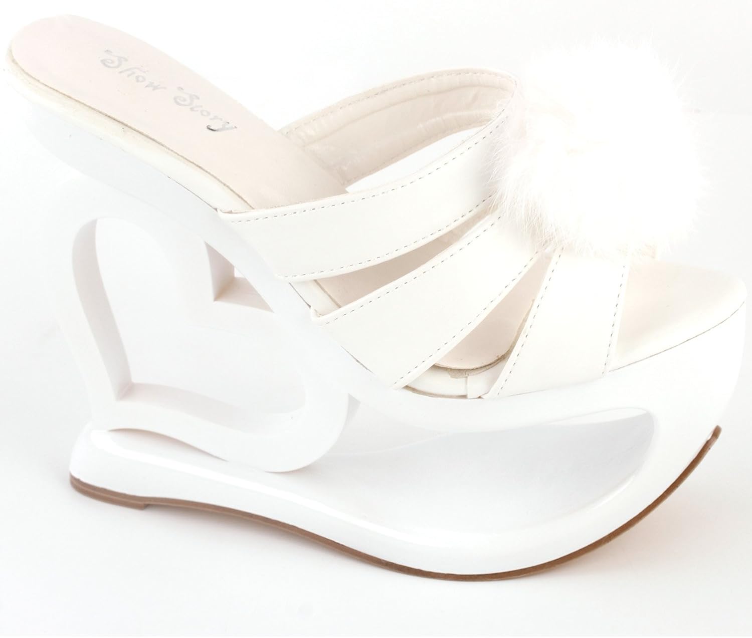 white faux fur heels