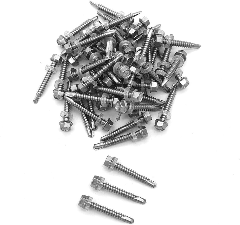 50 Pieces NUZAMAS 5.5 x 38mm Thread 304 Stainless Steel Self Drilling Tek Screw with Washer, for Wood Metal Fastened