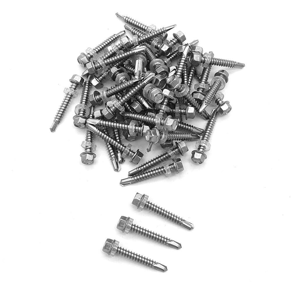 50 Pieces NUZAMAS 5.5 x 38mm Thread 304 Stainless Steel Self Drilling Tek Screw with Washer, for Wood, Metal Fastened