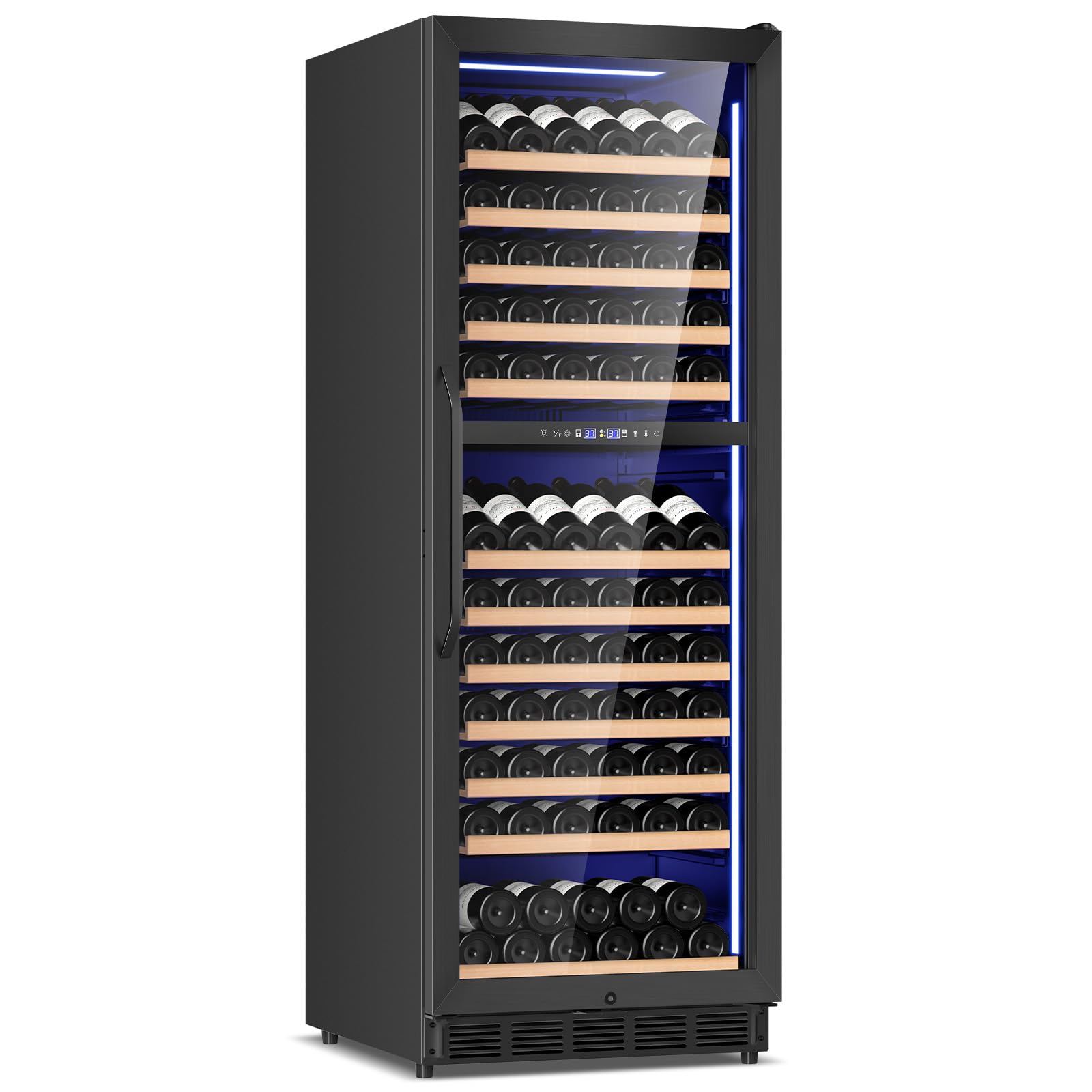 FoMup Wine Fridge Dual Zone, Freestanding Wine Cooler Refrigerator 180 Bottles Large Capacity with Sliding Rail Wooden Shelves and Door Lock, Black Image