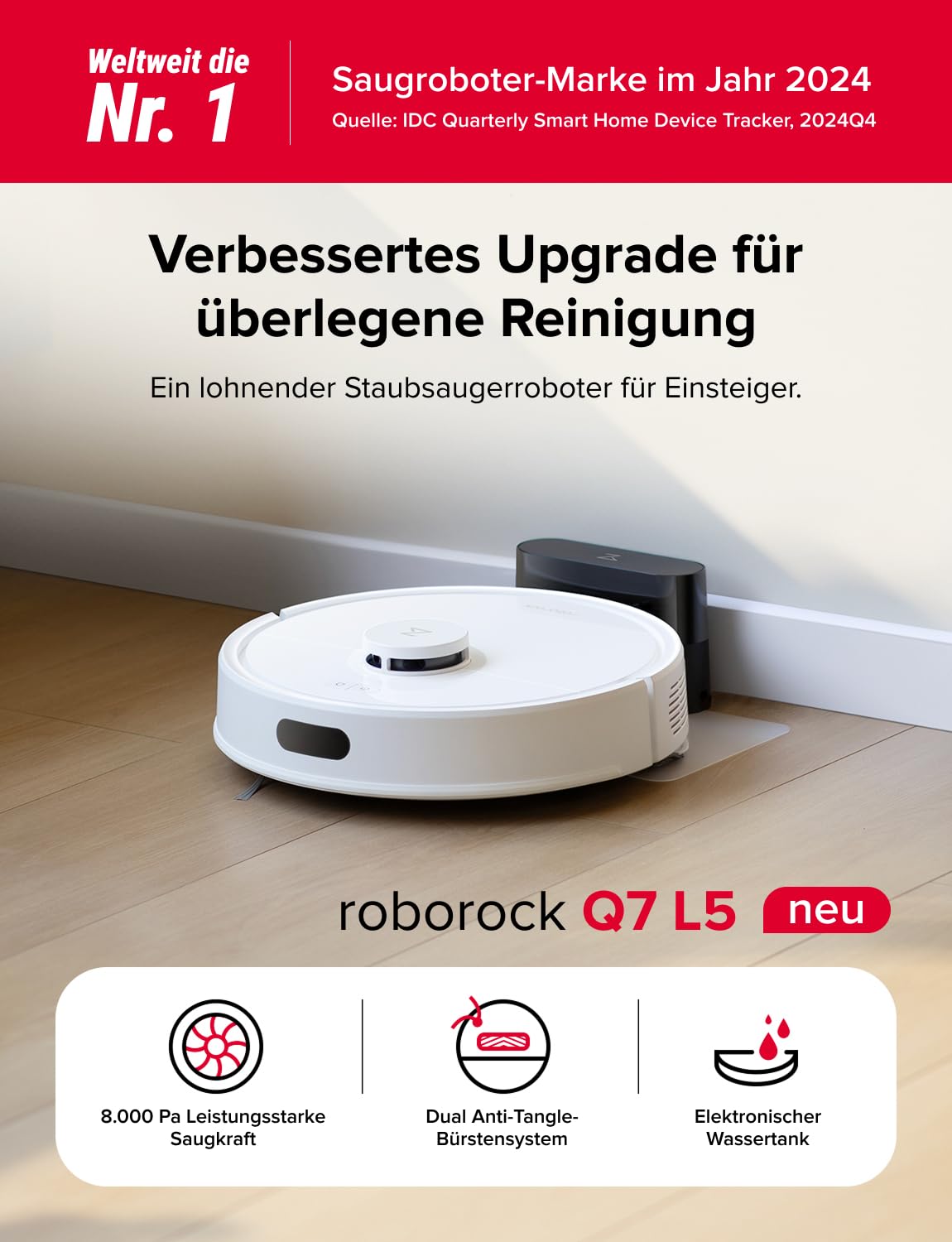 roborock Q7 L5 Saugroboter, Dual Anti-Tangle System, 8.000 Pa HyperForce Saugkraft, Präzise Navigation, Smart No-Go Zone, Einstiegsleistung, Perfekt für Haustierbesitzer (Weiß) 2