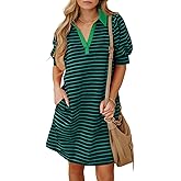 BLENCOT Women's Casual Polo V Neck T Shirt Striped Dress Summer Puff Short Sleeve MIdi Dresses