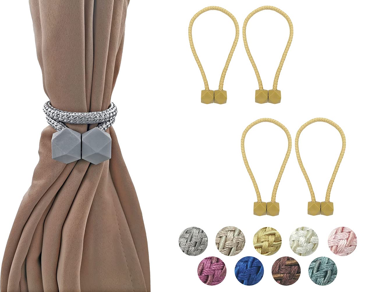 HYX 4 Piece Magnetic Curtain Tiebacks Holdbacks, Modern Curtain Tieback Clips, Curtain Rope Holder Tie Backs, Decorative Hold Backs for Home Office Decoration (Yellow)