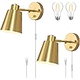 VATONI Plug in Wall Sconces, Dimmable Wall Sconces Adjustable Angle Wall Lights with Plug in Cord and Dimmer On/Off Knob Switch, Gold Wall Mounted Light for Bedroom Bedside Stairway(2 Pack, 2 Bulbs)