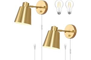 VATONI Plug in Wall Sconces, Dimmable Wall Sconces Adjustable Angle Wall Lights with Plug in Cord and Dimmer On/Off Knob Switch, Gold Wall Mounted Light for Bedroom Bedside Stairway(2 Pack, 2 Bulbs)