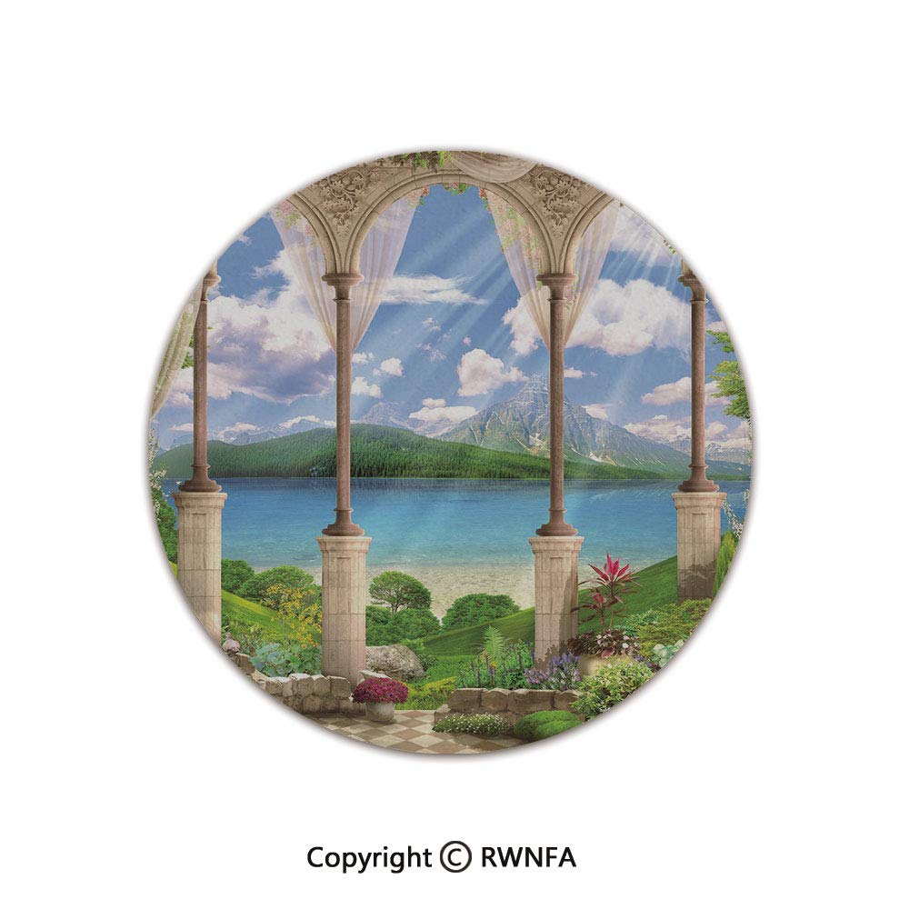 Art Deco Non-Slip Super Soft Children Play Carpet,Old Ancient Stone Arch View The Sea Balcony Fresco Garden Plants Spiritual 2' Diameter Multicolor,Sofa Bath Floor Mat