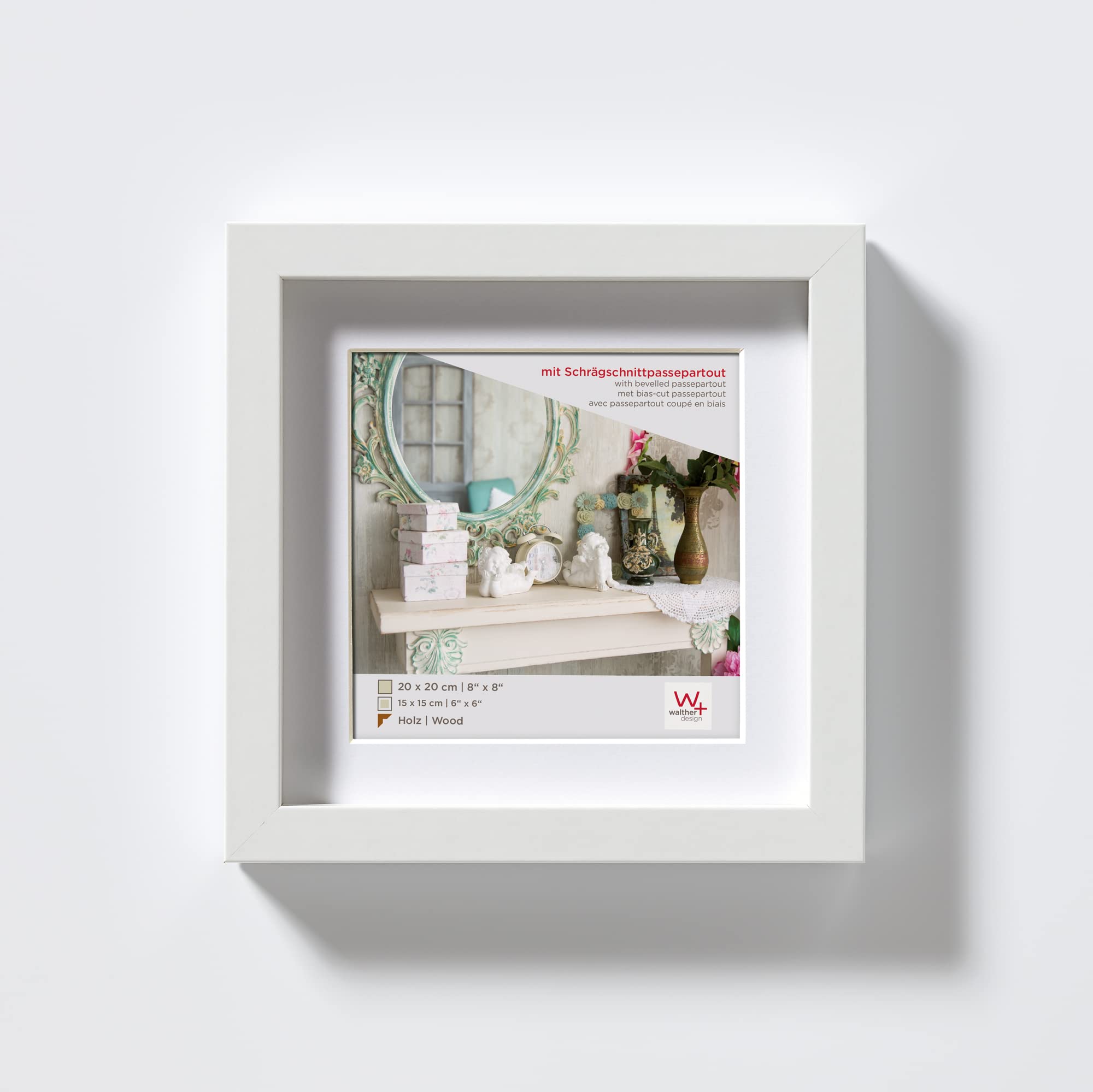 walther design EA222WD Stockholm Picture Frame, White, 20 x 20 cm, Wooden Frame with Art Glass and Passe-Partout