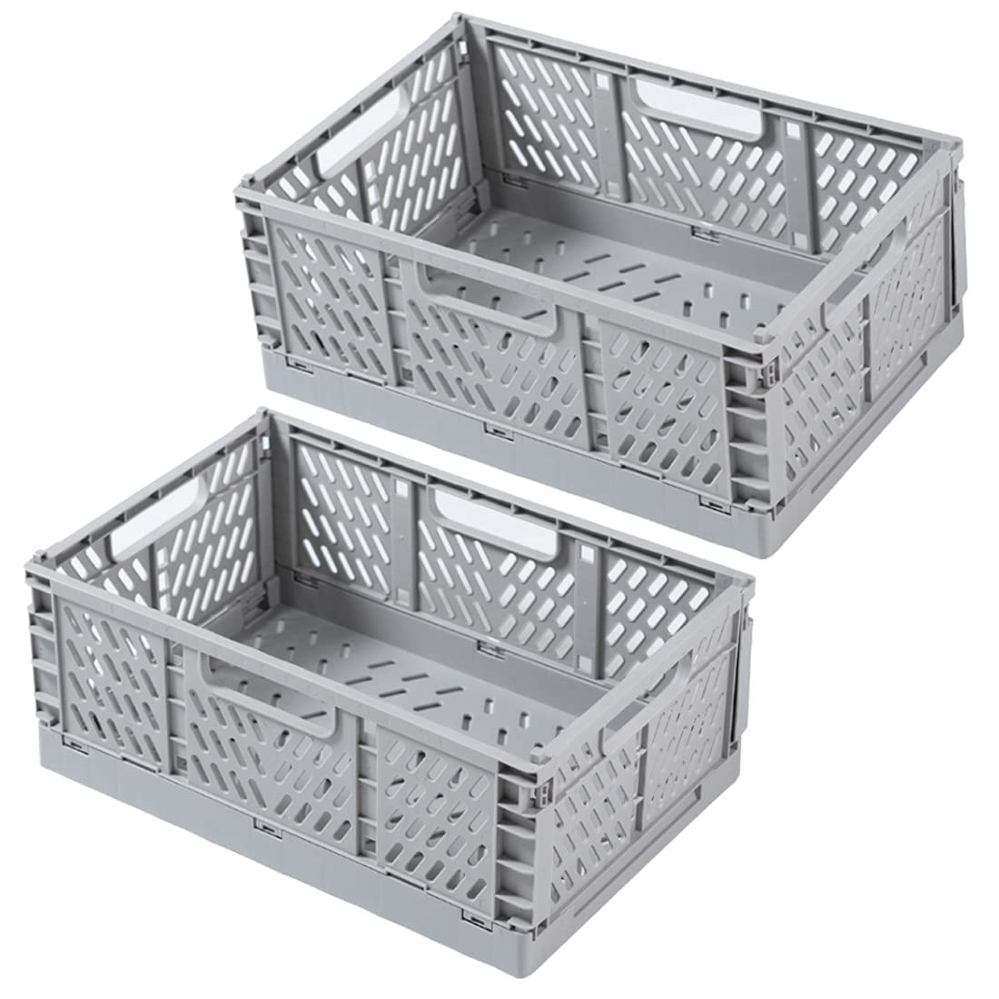 Spesh 2 Pcs Collapsible Storage Boxes Stackable Storage Baskets Folding Plastic Crates Foldable Crate Bins with Handles for Desk,Shelf,Cupboard(Grey,30*20*12cm)
