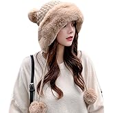 Fluffy Knit Beanie Hats for Women Winter Faux Fur Warm Knit Crochet Skull Cap with Pompom Outdoor Ear Cover