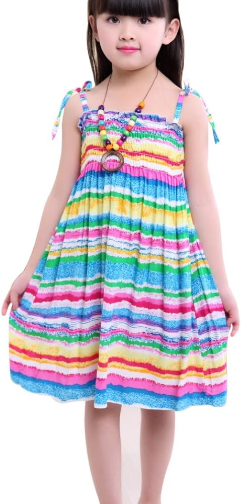 MiyaSudy Kids Girls Summer Cotton Sleeveless Straps Bohemian Beach Dresses For 3-12 Years Old