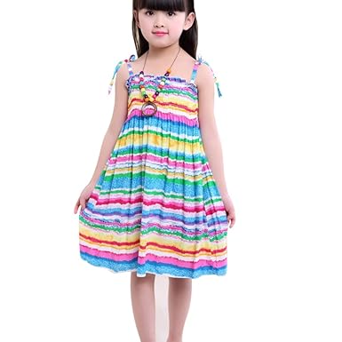 Miyasudy Kids Girls Summer Cotton Sleeveless Straps Bohemian Beach Dresses For 3 12 Years Old