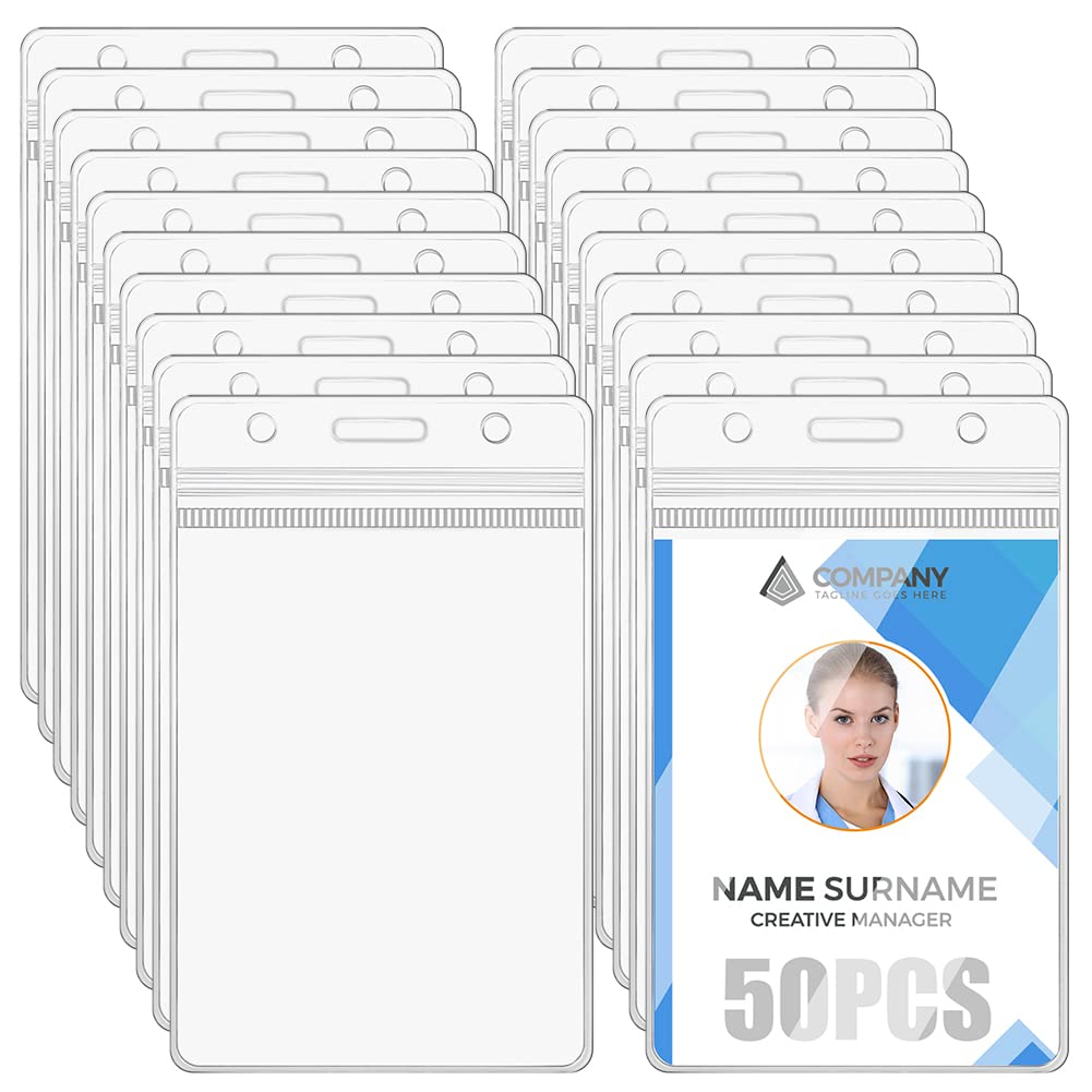 Vicloon Plastic Card Holder, 50Pcs Vertical Name Card Holder Name Tag Clear Badge ID Card Holders Waterproof ID Badge Card
