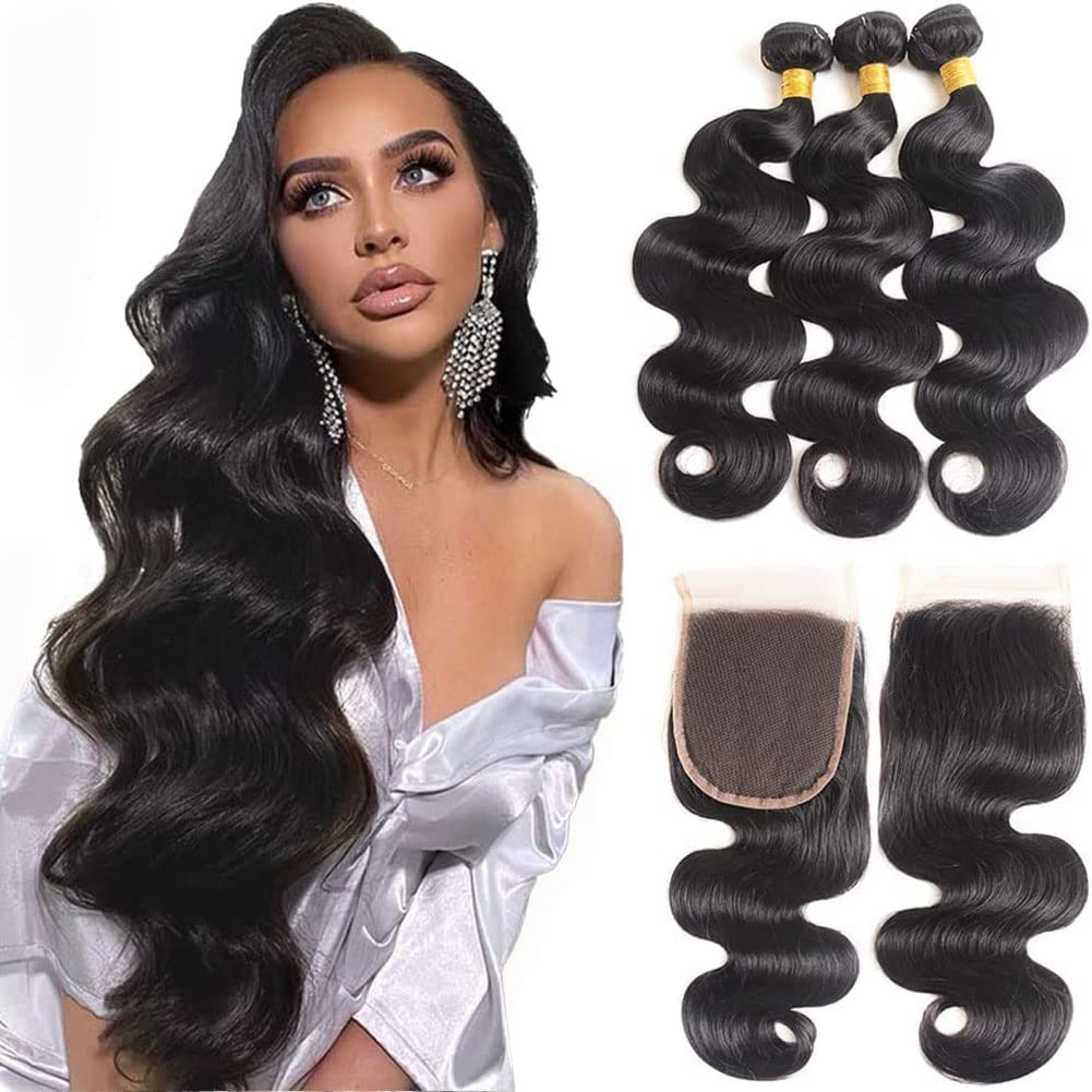 Vallbest 10A Brazilian Body Wave Bundles with Closure Human Hair 3 Bundles with 4x4 Lace Closure (10 12 14+10) Virgin Human Hair Weave Extensions Natural Black Wet and Wavy Free Part โ image 1