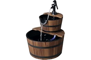 Outsunny 2-Tier Wooden Barrel Water Fountain with Electric Pump, 23" Tall Cascading Feature Outdoor Indoor Decoration
