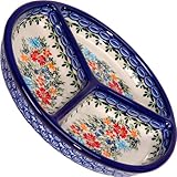 Polish Pottery Ceramika Boleslawiec,  0727/238, Mercedes Divided Platter, 10 3/4 Inches in Diameter, Royal Blue Patterns with Red Cornflower and Blue Butterflies Motif