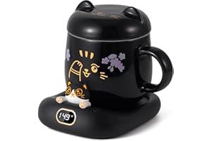DLTSLI Coffee Mug Warmer & Cute Cat Mug Set, Electric Beverage Cup Warmer for Milk Tea Water fit Desk Home Office, Candle Warmer Plate with 3 Temp. Setting, Birthday Present Ideas for Women