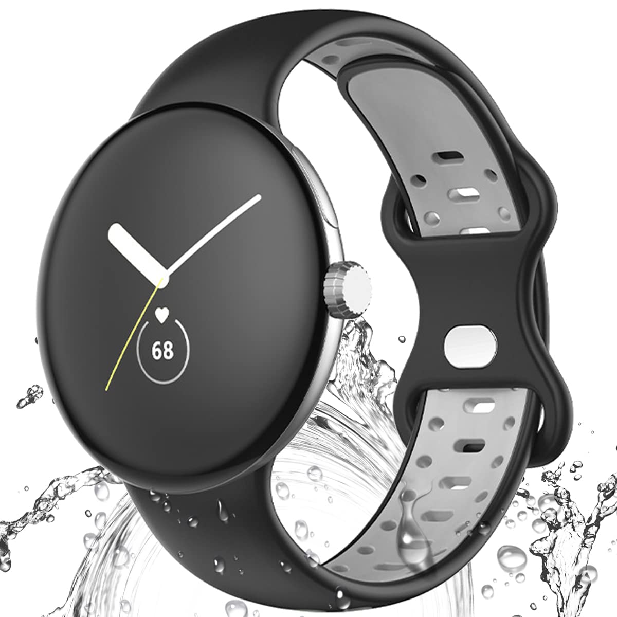 Miimall Compatible with Google Pixel Watch 2 (2023)/Pixel Watch Strap, Soft Silicone Sport Band Breathable Lightweight Waterproof Replacement Wristband Strap for Pixel Watch (Black+Grey)
