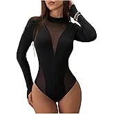 GORGLITTER Women's Mock Neck Bodysuit Mesh Long Sleeve Date Night Party Leotard Tee Tops