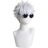 LeMarnia Black Glasses and Off-White Plush Wig for Gojo Cosplay Halloween Costume Party Wig