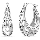 LeCalla 925 Sterling Silver Hoop Earrings | Women's Chunky Filigree Hoop Earrings | Antique Filigree Cut Earring | Lightweight & Hypoallergenic Vintage Hoops Earring for Women