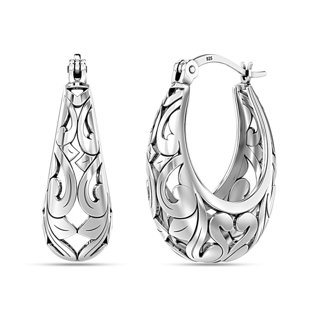 LeCalla 925 Sterling Silver Filigree Hoop Earring Jewelry Small Antique Oxidized Click-Top Filigree Earring Hoops for Women - 25mm