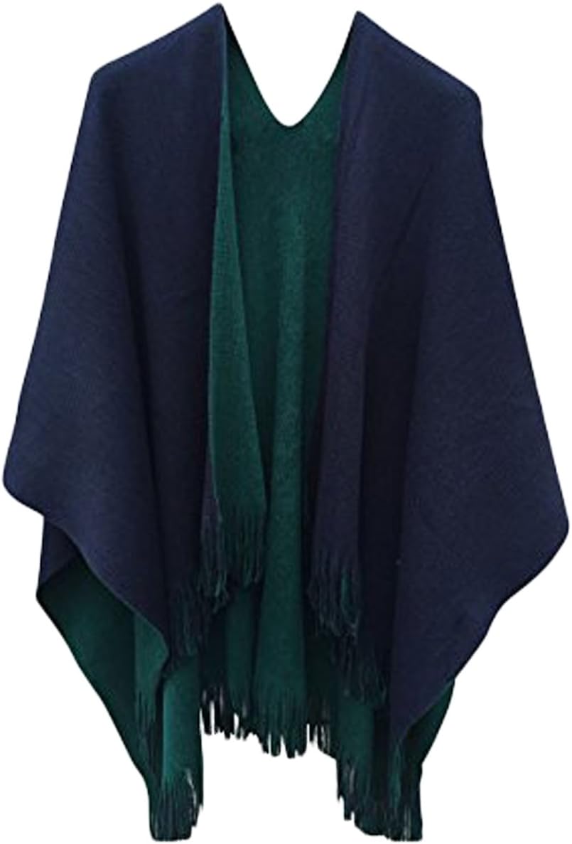LAFASO Tassel Open Front Poncho Shawl Cardigan Wrap for Womens Navy Blue
