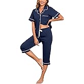 ANLIQI Womens 100% Cotton Capri Pajama Sets Short Sleeve Button Down Top & 3/4 Pants 2 Piece Pjs Sleepwear with Pockets