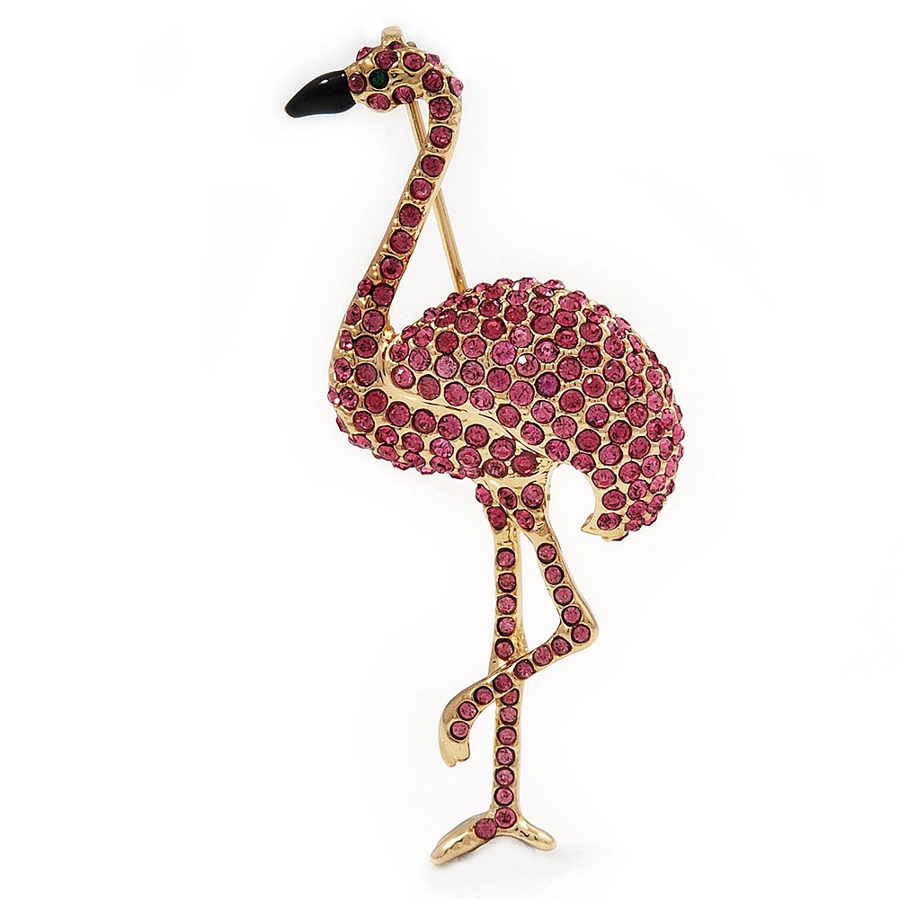 Pink Diamante 'Flamingo' Brooch In Gold Plated Metal