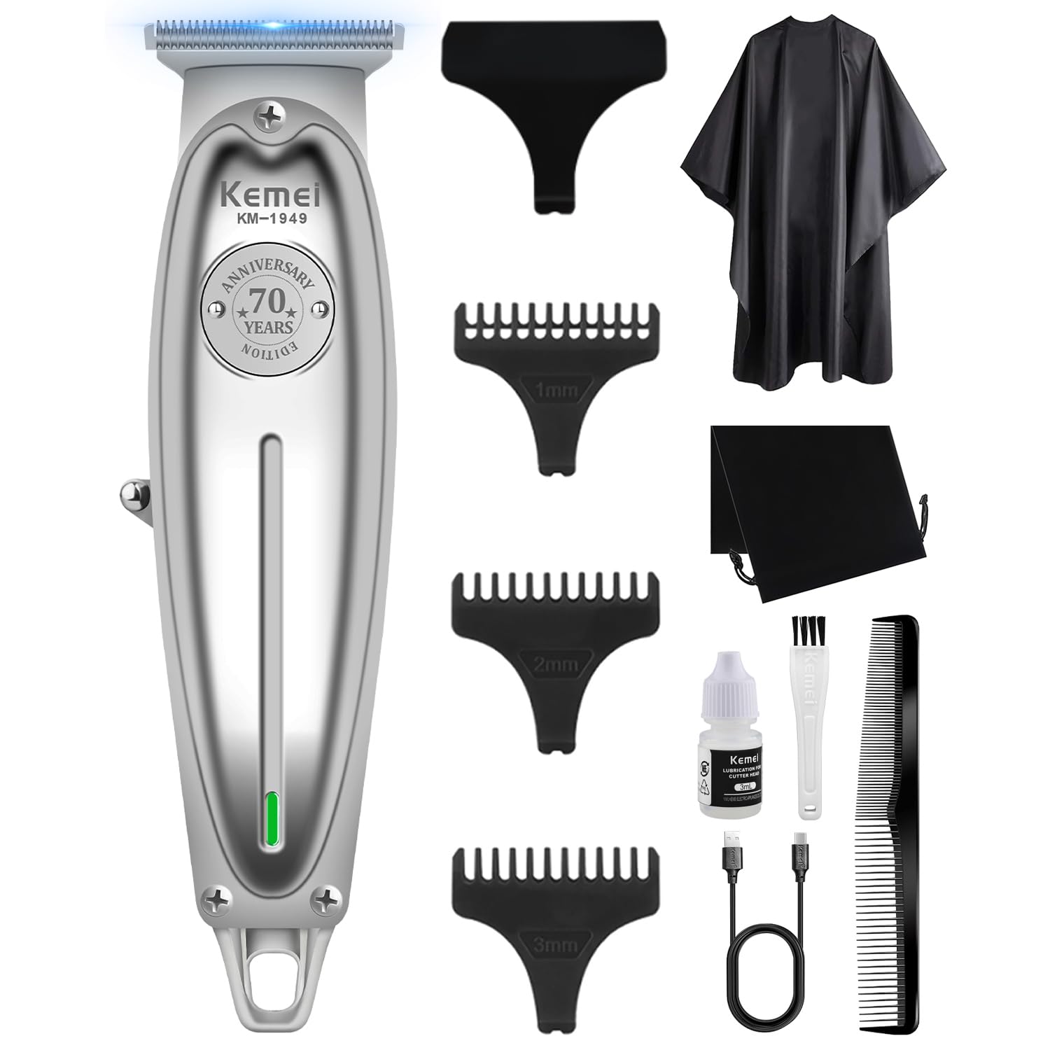 KEMEI Professional Hair Clippers for Men Zero Gap Trimmer Electric Cordless Beard/Hair Trimmer Rechargeable T-Blade Haircut Machine for Family and Barbers Grooming Kit,1949 (KM-1949-Silver)