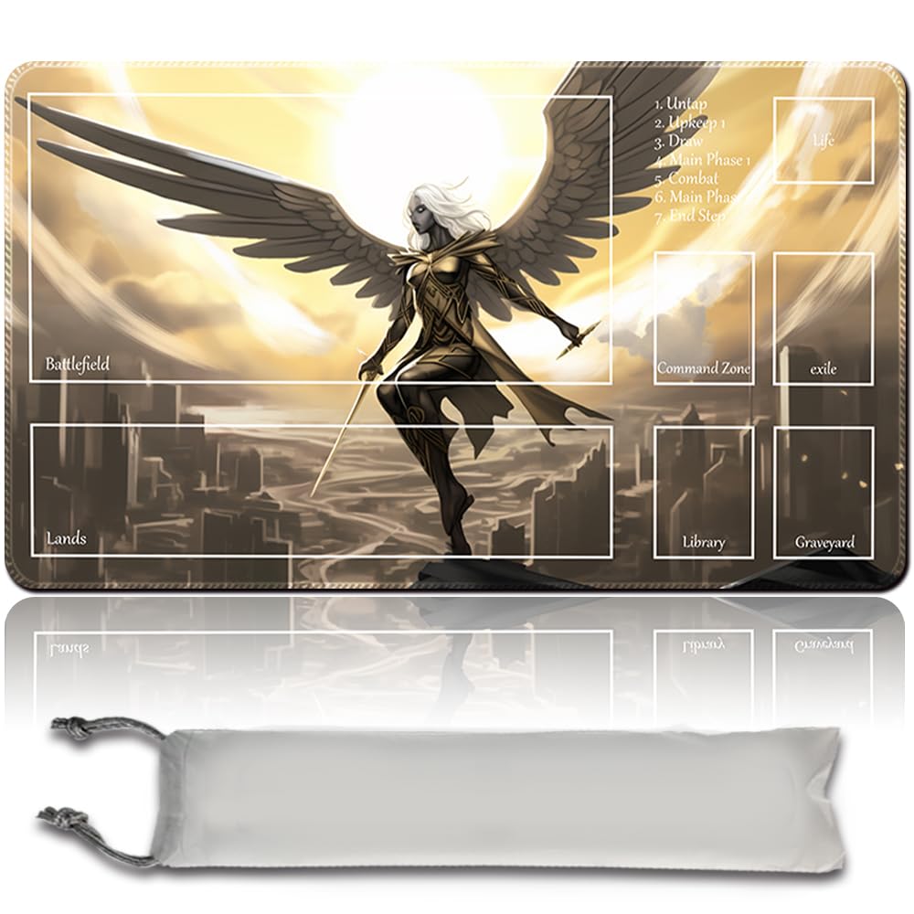 Board Game MTG Playmat + Free Waterproof Bag, Stitched Edges, Smooth Rubber Surface, MTG PlayMat with Zones (An Original Angel of Flight Alabaster Playmat) (Avacyn, Angel of Hope)