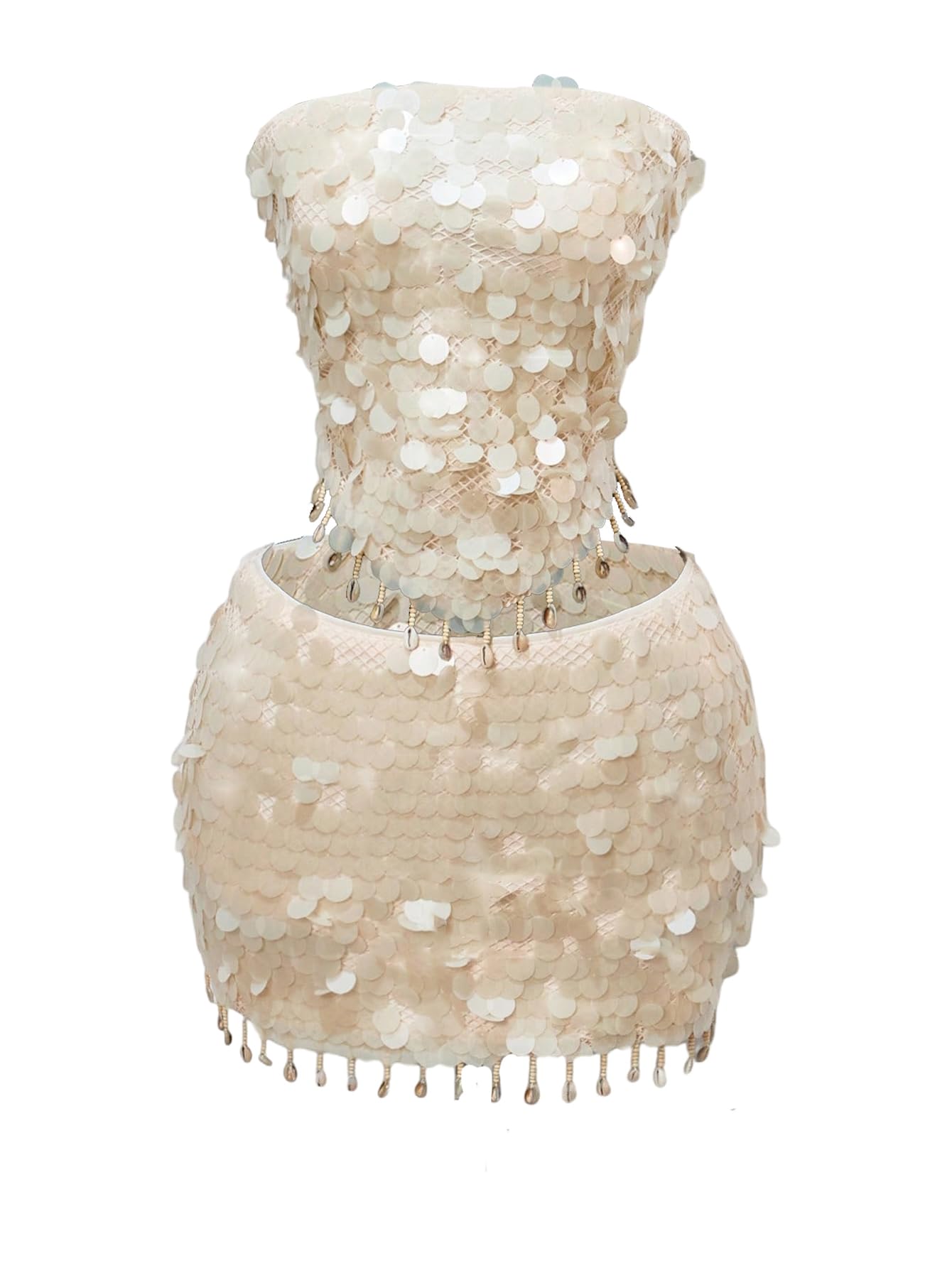 Photo 1 of MakeMeChic Women's 2 Piece Set Sequin Seashell Tassel Tube Top and Mini Skirt Rave Outfit Apricot Small