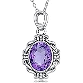 Plesitep 925 Sterling Silver Natural Amethyst Necklace for Women Oval Gemstone Birthstone Pendant for Her