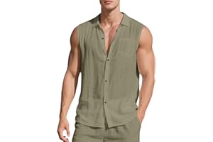 Men's Sleeveless Linen Button Down Shirt Casual Loose Fit with Chest Pocket for Summer Beach Daily Wear