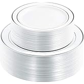 WDF 120PCS Plastic Plates White Silver Rim - Disposable Plates including 60PCS for Dinner 10.25inch, 60 Salad/Dessert Plates 7.5inch Heavy Duty Wedding Party Birthday