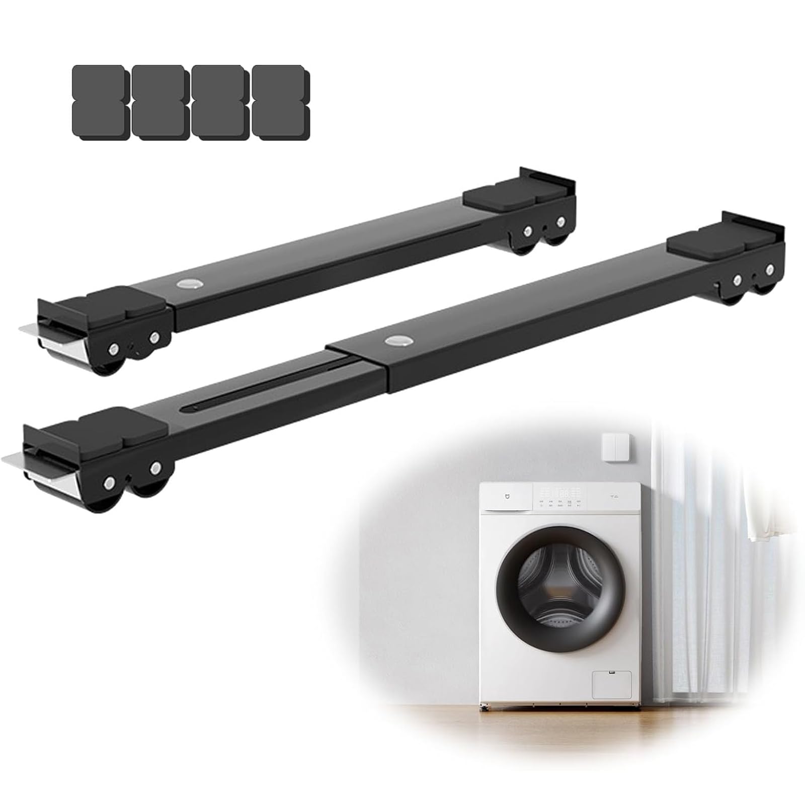 ToKinCen Adjustable Heavy Duty Appliance Rollers, Furniture Moving Roller Wheels with Brake, Washing Machine Wheels Load Bearing 660lbs for Refrigerators Sofa and Dryer (Black)