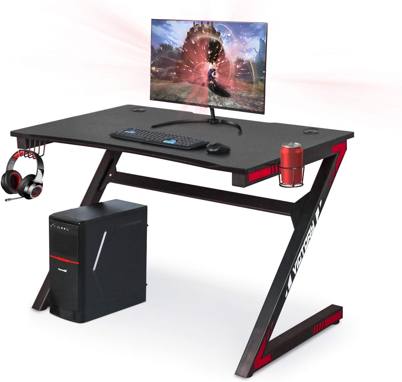 YIGOBUY Gaming Computer Desk 46 Inch Large Gaming Table Z Shape Black Racing Table Student Desk with& Headphone Hook for Kids Adults Home Office Bedroom Computer Workstation