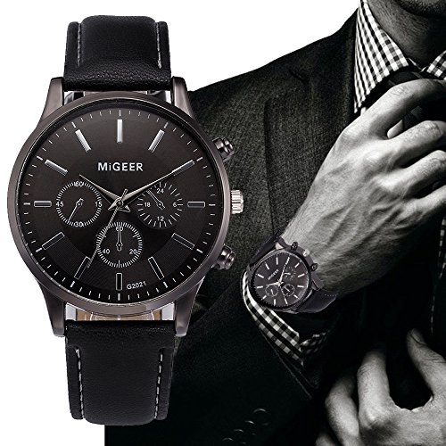 OWMEOT Retro Design Leather Band Round Analog Alloy Quartz Wrist Watch Men (Blue)