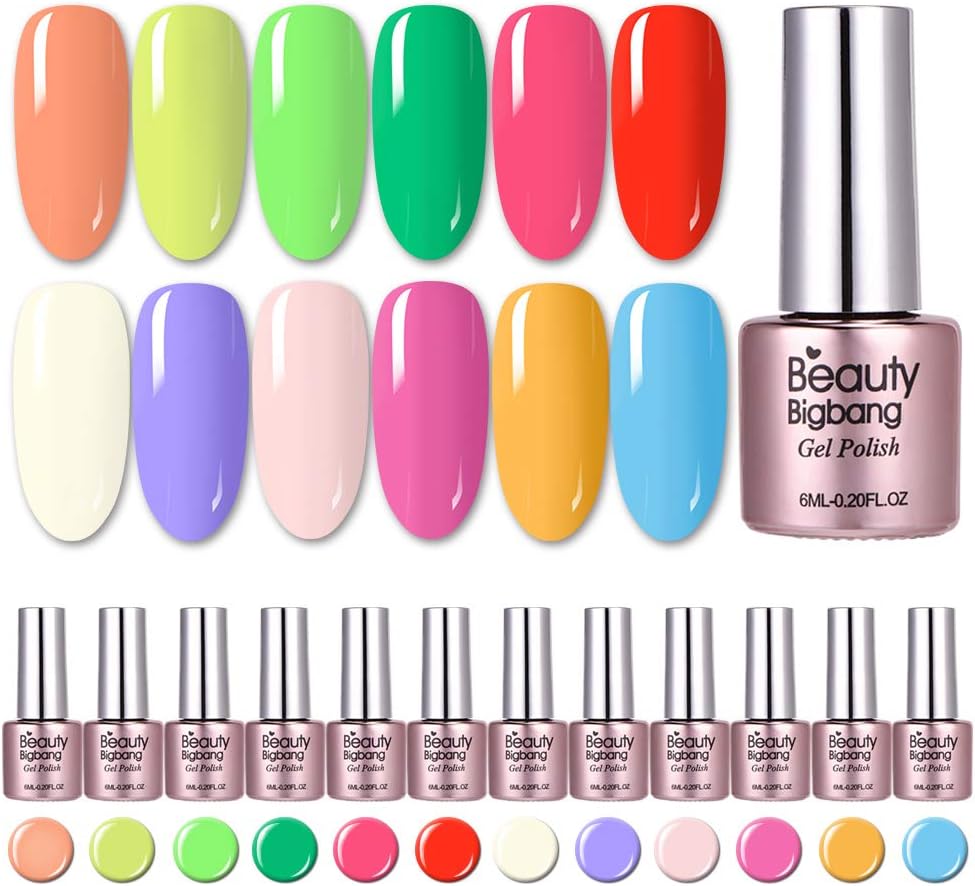 BEAUTYBIGBANG Fluorescent Gel Nail Polish, 6ml Glow in the Dark Soak Off UV LED Nail Art Gel Nail Varnish Series 12 Colors (BBB001-012)
