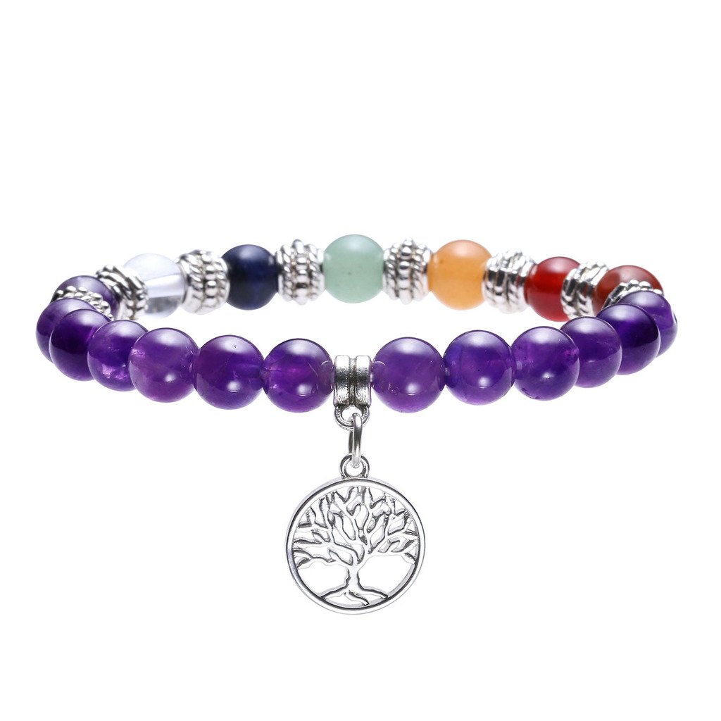 JOVIVI Stein Armband Energietherapie Yoga-Armband Lotus/Baum des Lebens/OM Symbol Anhänger 7 Chakra Balance Armreif(Amethyst-Baum des Lebens)
