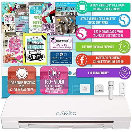 Silhouette White Cameo 3 Bluetooth Starter Bundle with 36 12x12 Oracal Premium Vinyl Sheets, Siser Easyweed T-Shirt Vinyl, Membership, Transfer Paper, Guide, Class, 24 Sketch Pens