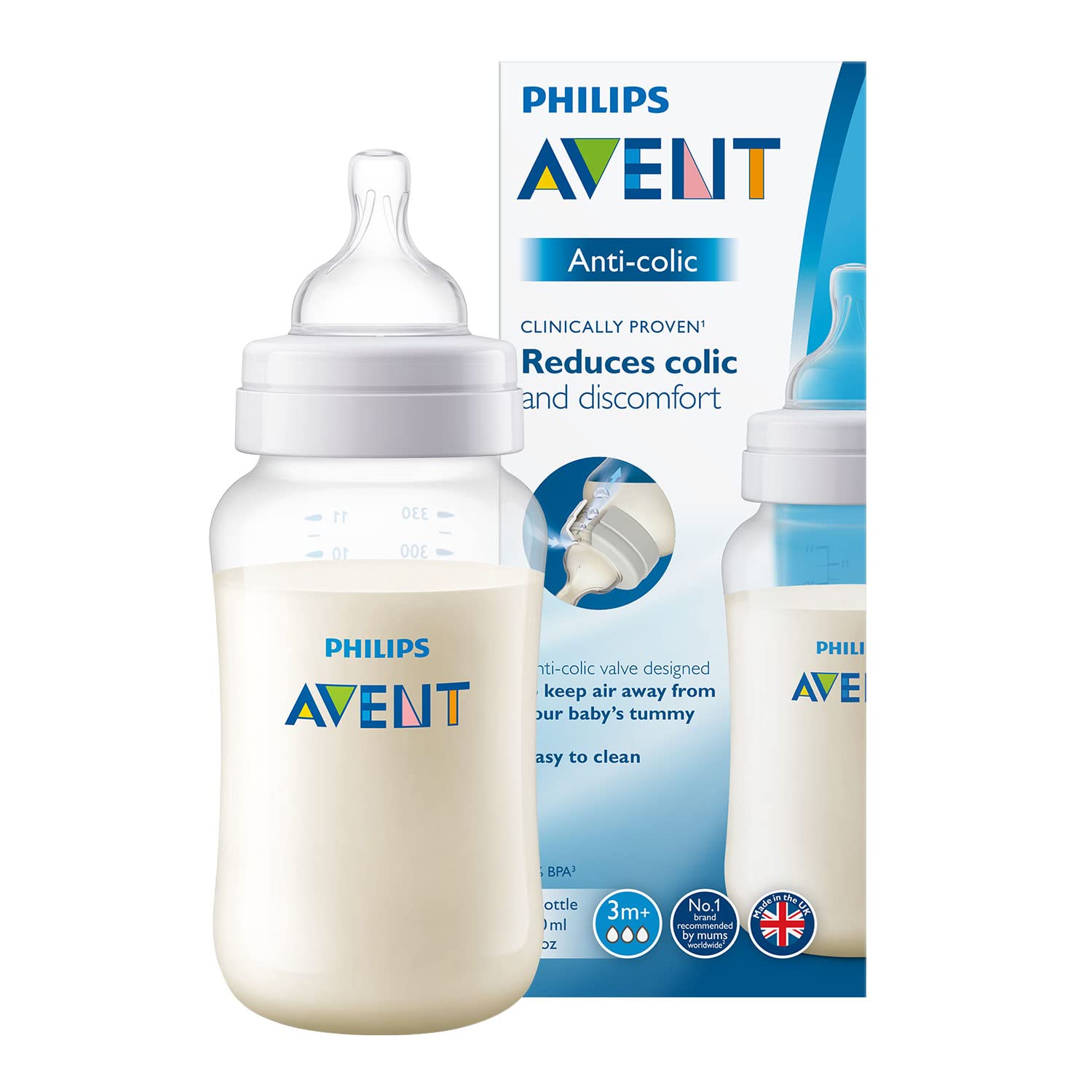 Philips Avent SCF816/17 Anti-Colic Bottle, Compatible with AirFree Valve, 330 ml, Pack of 1, Transparent