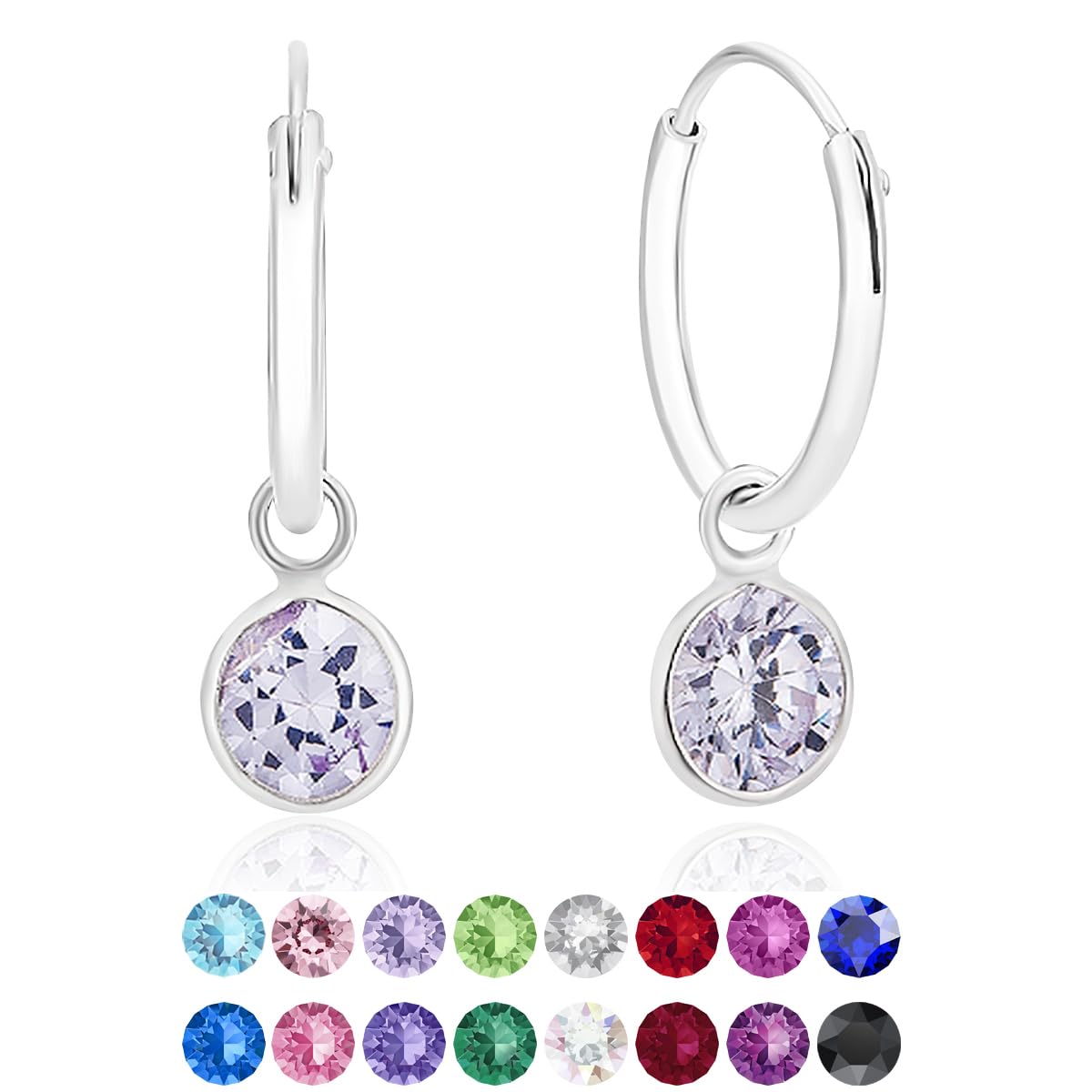 925 Sterling Silver Small Endless Hoops Earrings with Round Dangling Crystals 5 mm - Lilac Sleeper Earrings for Women - Thickness 1.5 mm - Outer Diameter: 14 mm โ image 1
