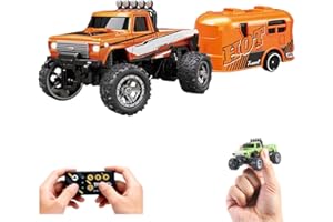 Mini RC Truck, 1:64 Scale RC Truck USB Rechargeable Underflow with Trailer, 2.4Ghz Remote Control Car with Lights, Speed/Stee