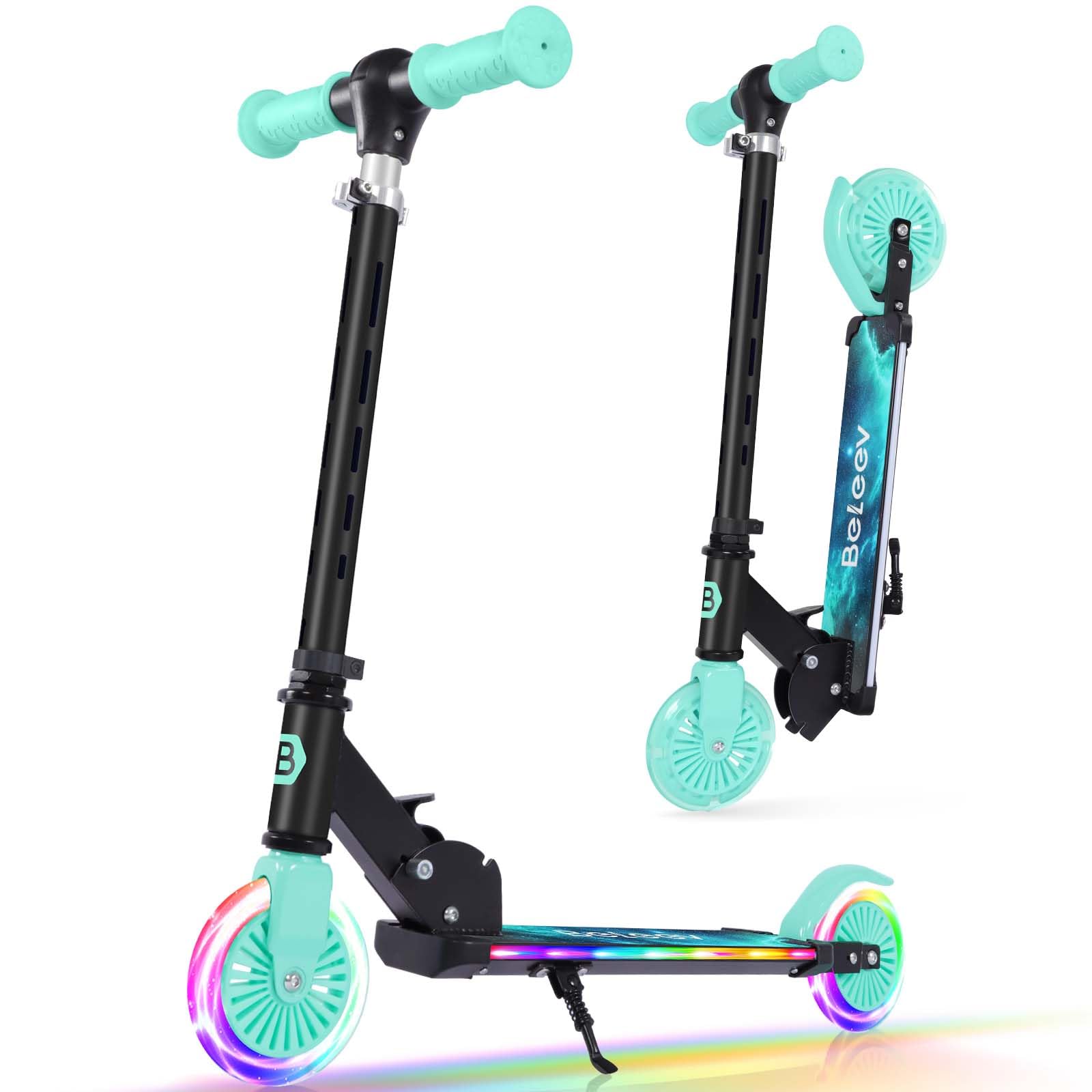BELEEV Scooters for Kids Ages 3-12 with Light-Up Wheels & Stem & Deck, 2 Wheel Folding Scooter for Girls Boys, 3 Adjustable Height, Non-Slip Pattern Deck, Lightweight Kick Scooter for Children